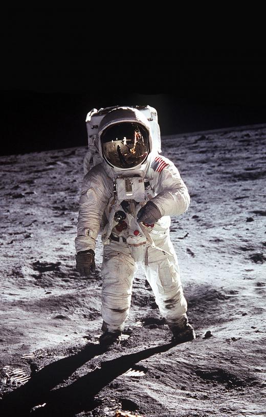 US astronaut Buzz Aldrin wears a space suit on the Moon during the Apollo 11 mission.