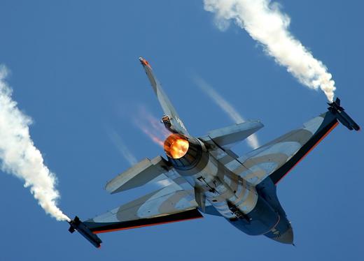 Older fighters, like the F-16 Fighting Falcon, need to light their afterburners to go supersonic.