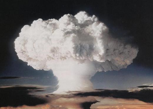 Atomic and hydrogen bombs typically produce a mushroom cloud that drifts into the upper atmosphere when they explode.