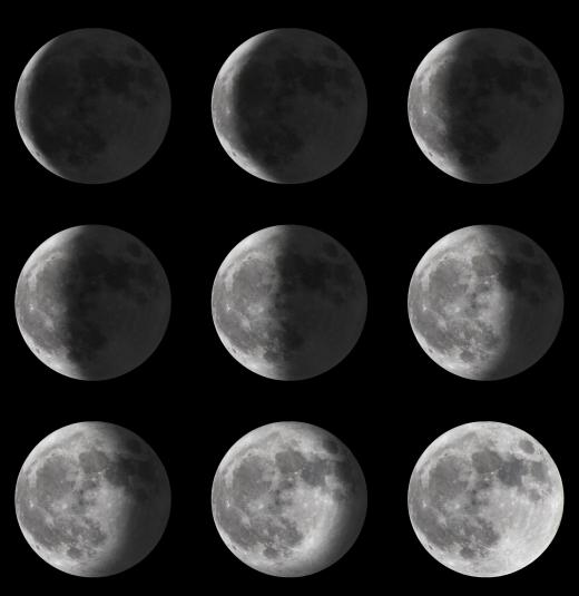 The phases of the Moon progress from a new Moon, which appears as a thin crescent, to a full Moon.