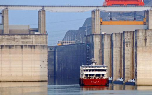 A ship going through a lock at the Three Gorges Dam, the world's largest hydroelectric dam.