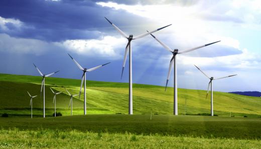 Wind farms are used to generate sustainable energy.
