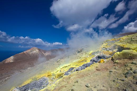Sulfur and sulfur-based compounds are released by volcanic activity.
